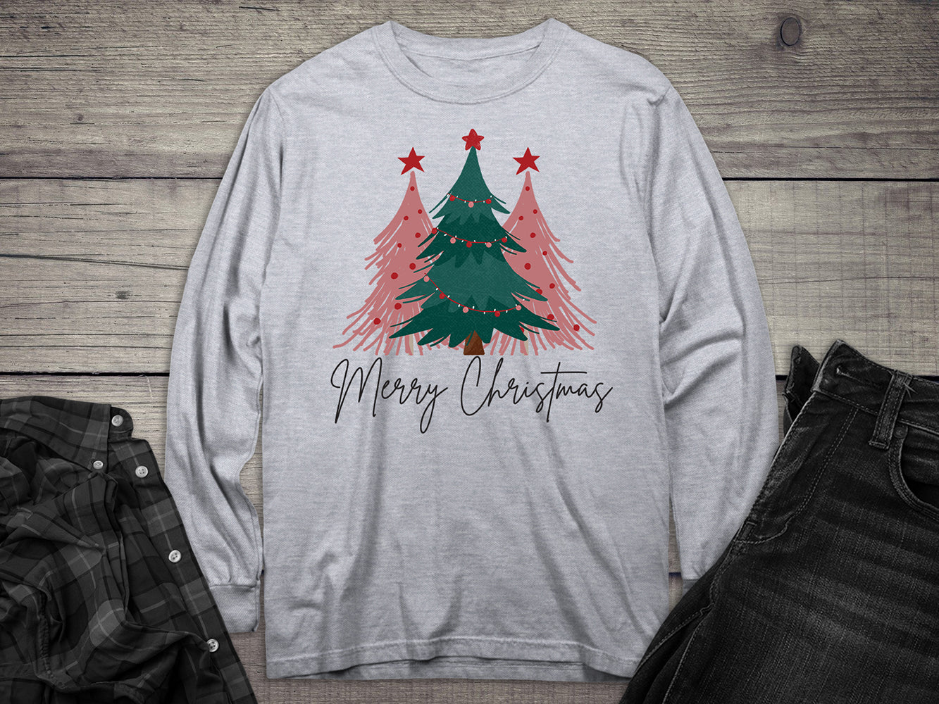 Merry Christmas Pink Trees Long Sleeve Tee