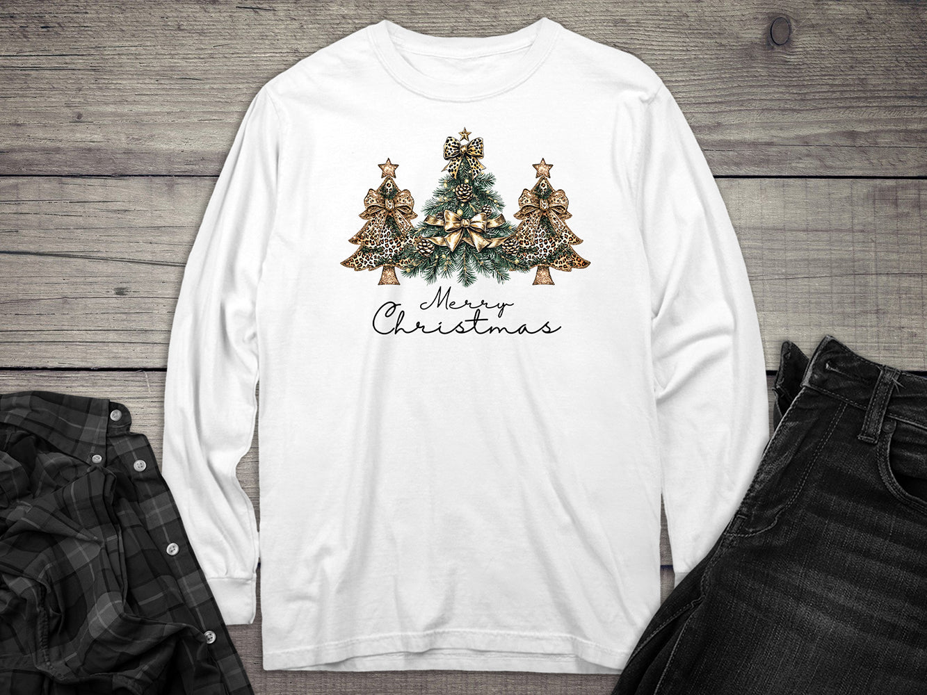 Merry Christmas Golden Trees Long Sleeve Tee