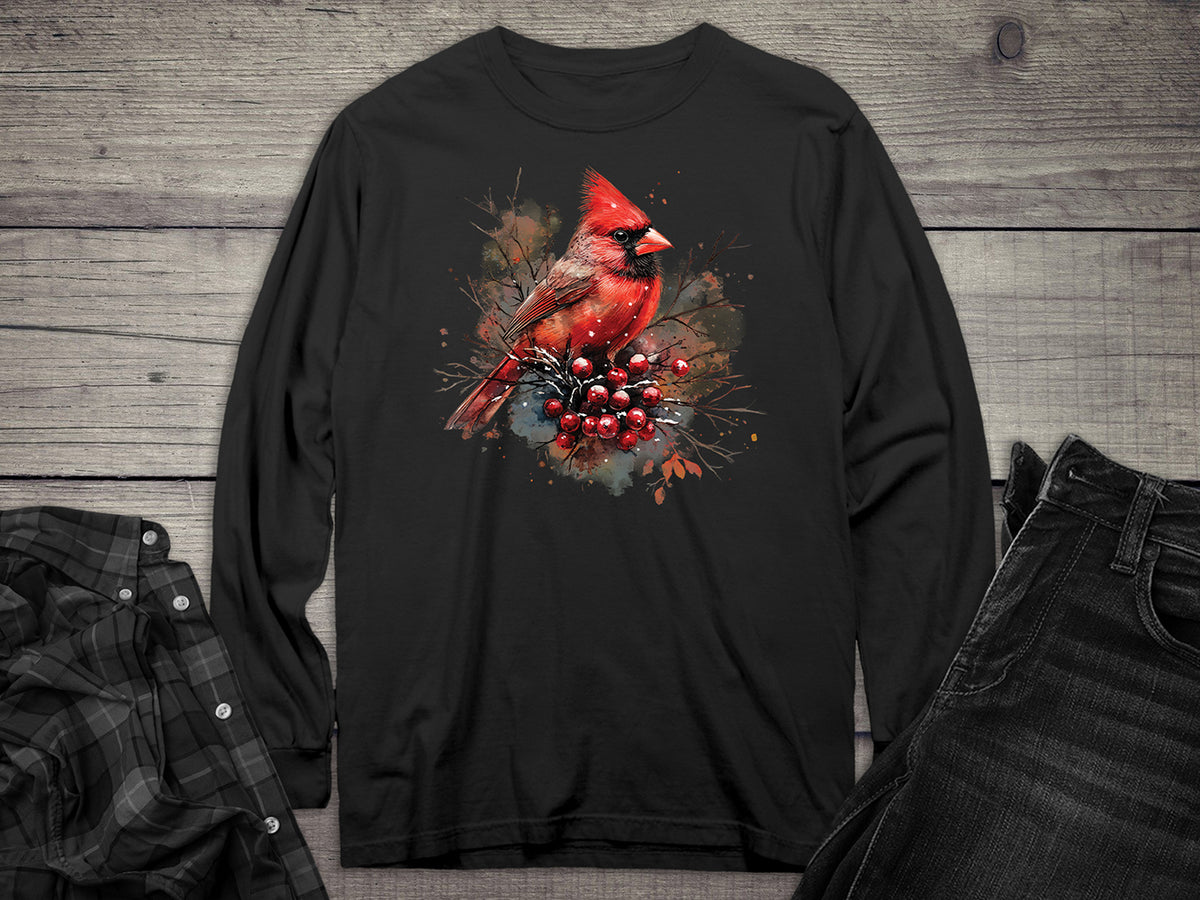 Winter Watercolor Cardinal Long Sleeve Tee