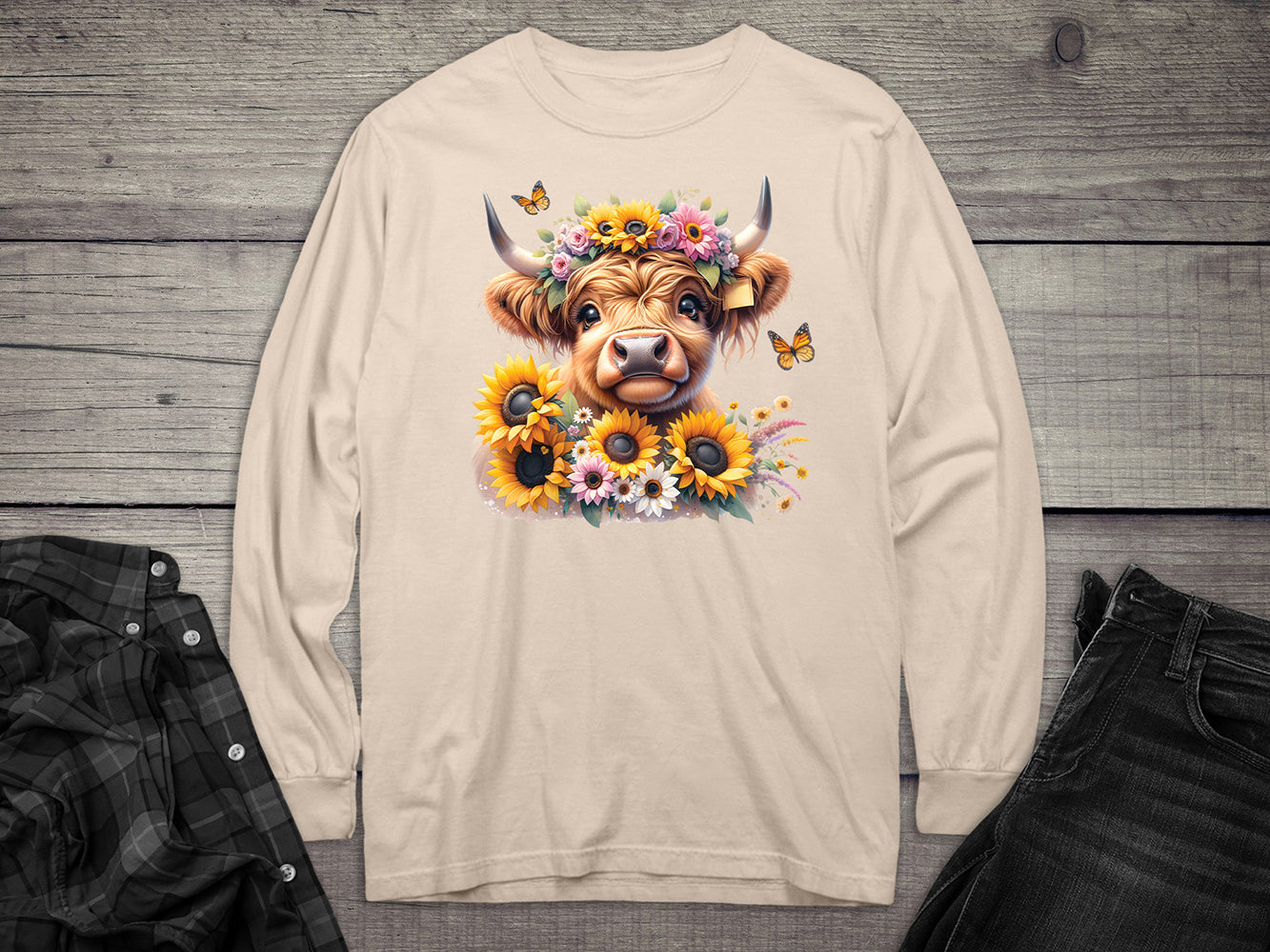 Highland Cow Flowers Long Sleeve Tee