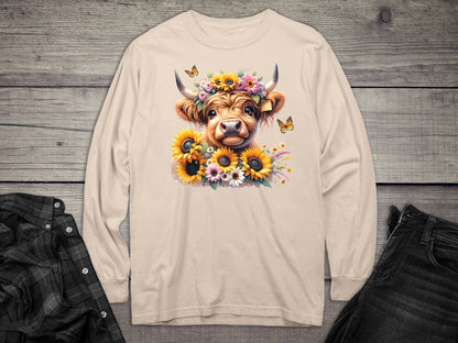 Highland Cow Flowers Long Sleeve Tee