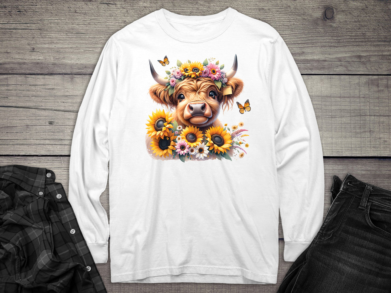 Highland Cow Flowers Long Sleeve Tee