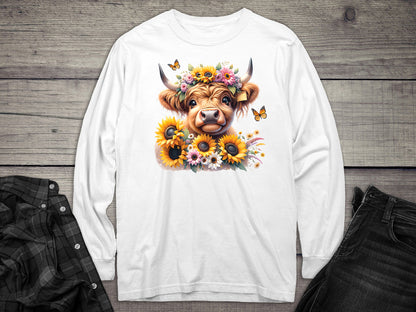 Highland Cow Flowers Long Sleeve Tee