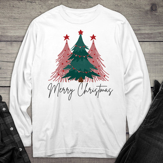Merry Christmas Pink Trees Long Sleeve Tee