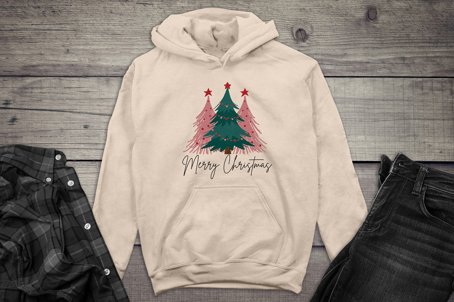 Merry Christmas Pink Trees Hoodie