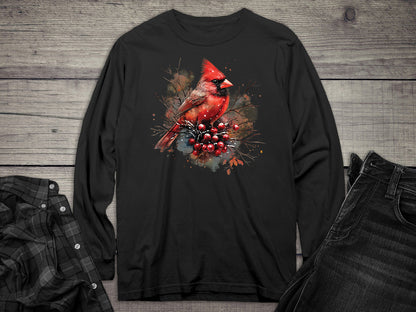 Winter Watercolor Cardinal Long Sleeve Tee