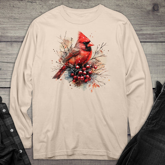 Winter Watercolor Cardinal Long Sleeve Tee