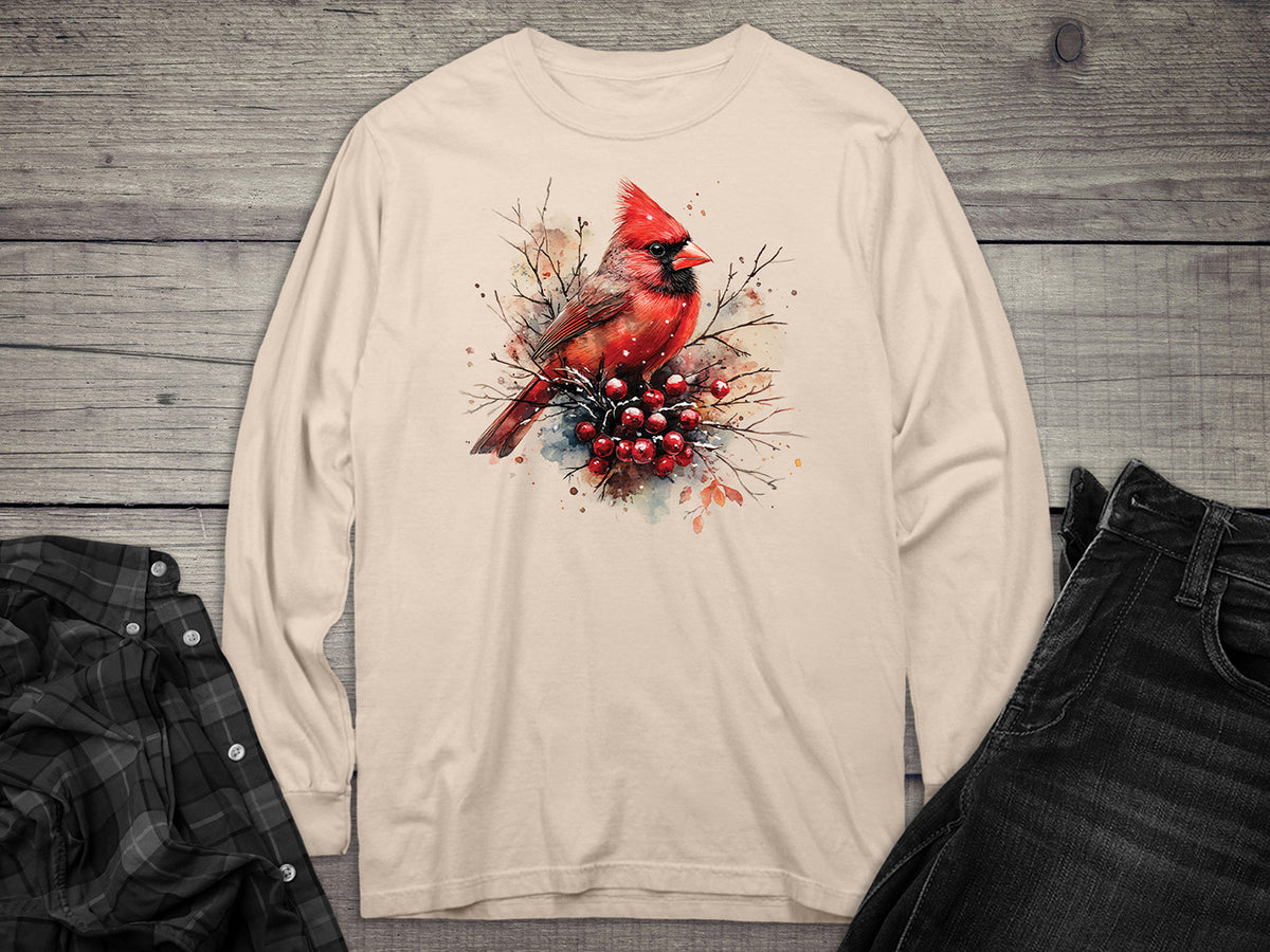 Winter Watercolor Cardinal Long Sleeve Tee