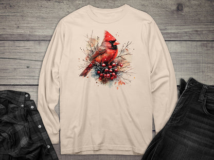 Winter Watercolor Cardinal Long Sleeve Tee