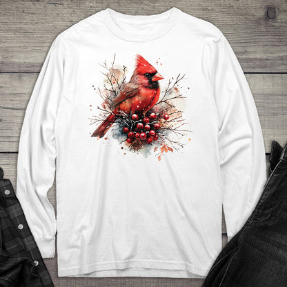 Winter Watercolor Cardinal Long Sleeve Tee