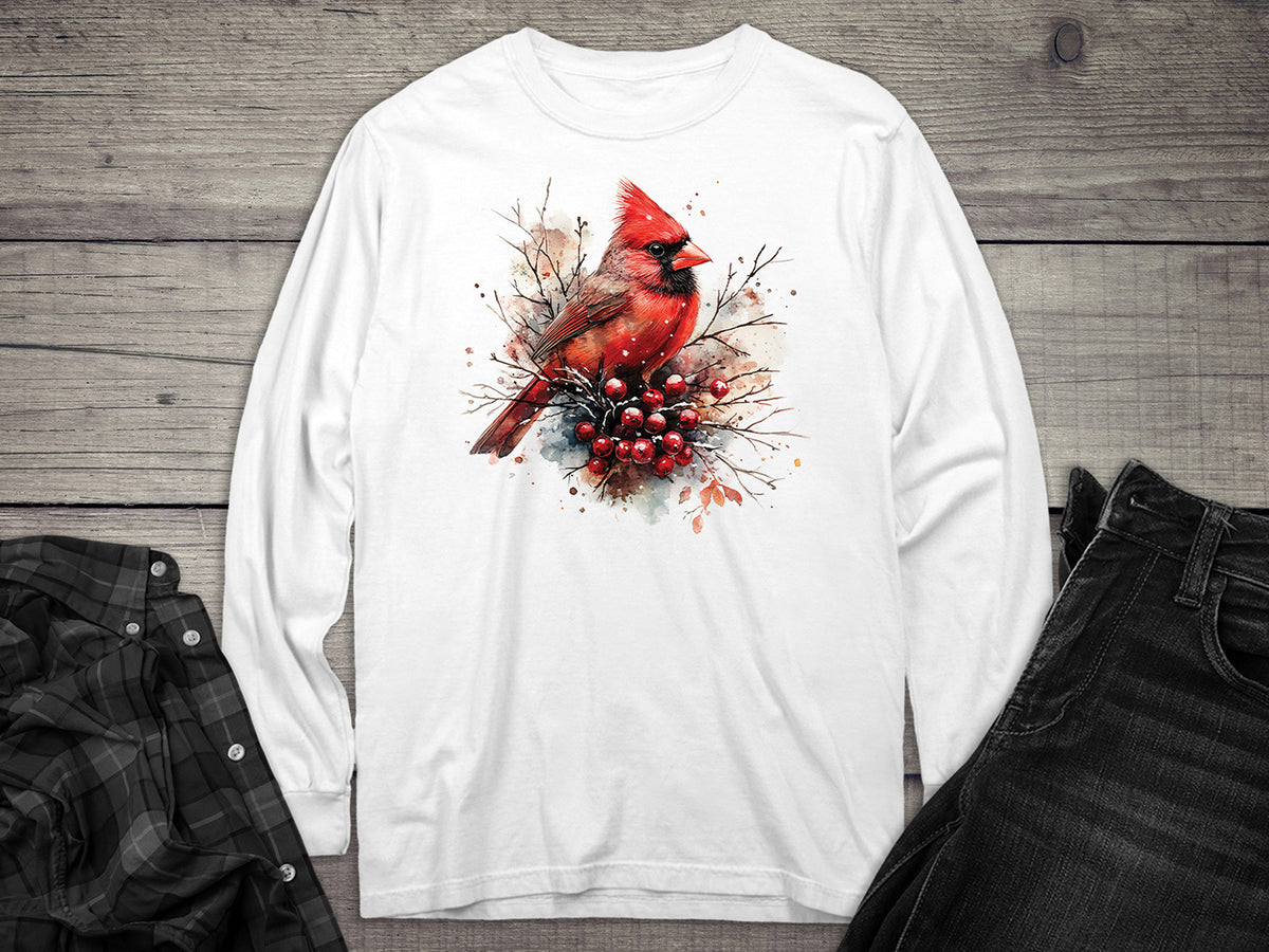 Winter Watercolor Cardinal Long Sleeve Tee