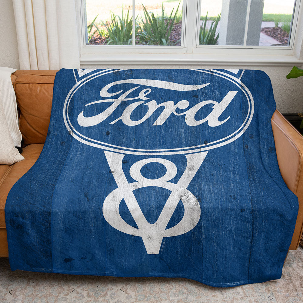 50" x 60" Ford Genuine Parts V8 Logo Vintage Plush Minky Blanket