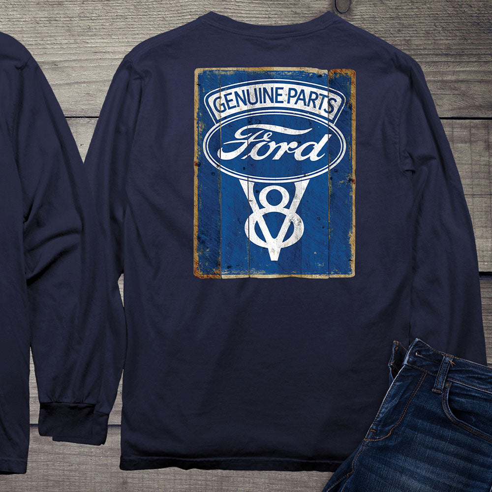 Ford Motor Company, Ford Genuine Parts V8 Logo Vintage Sign Long Sleeve Shirt