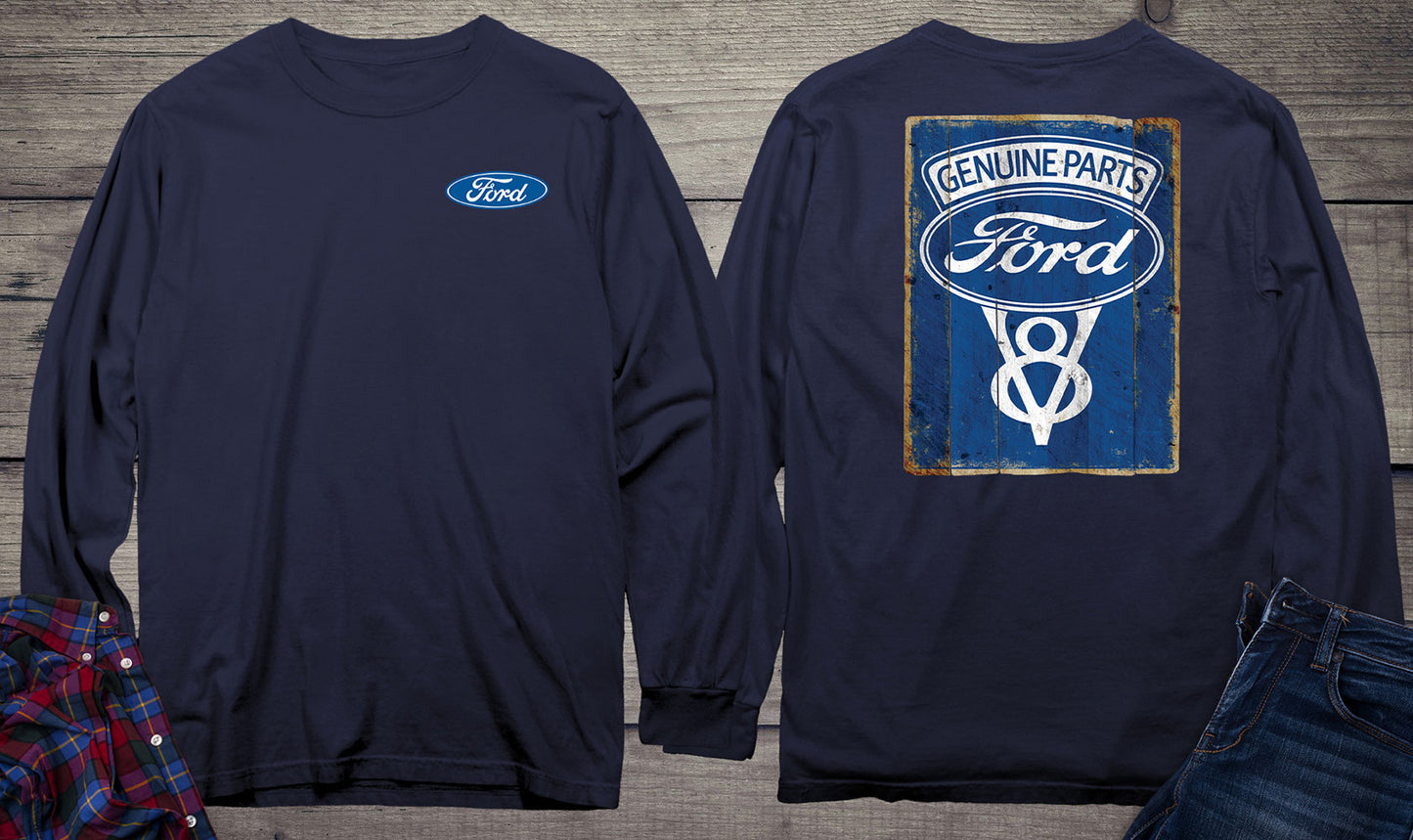 Ford Motor Company, Ford Genuine Parts V8 Logo Vintage Sign Long Sleeve Shirt