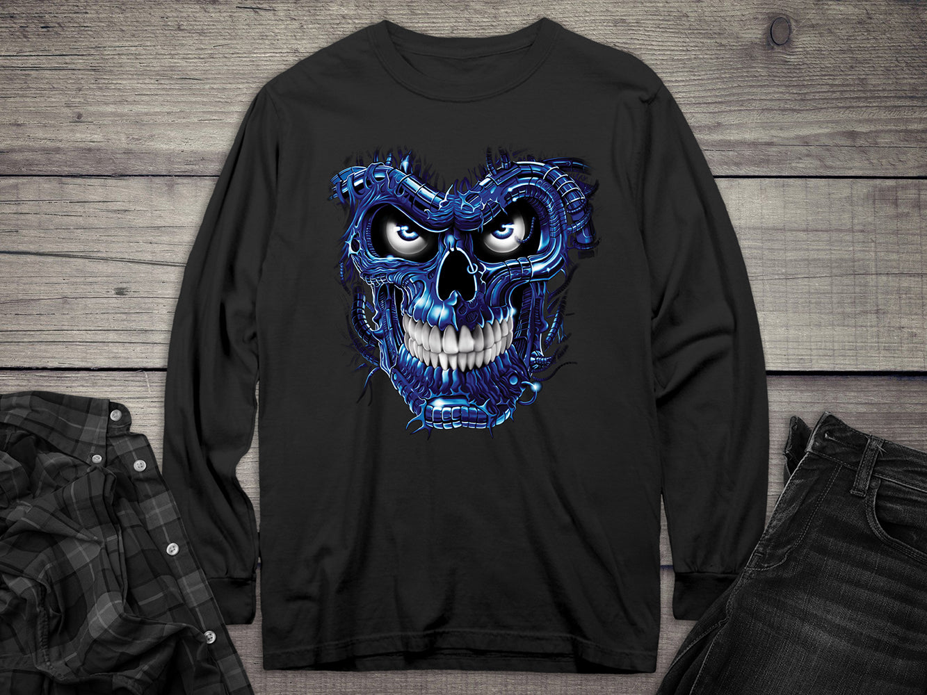 Terminator Skull Blue Long Sleeve Tee