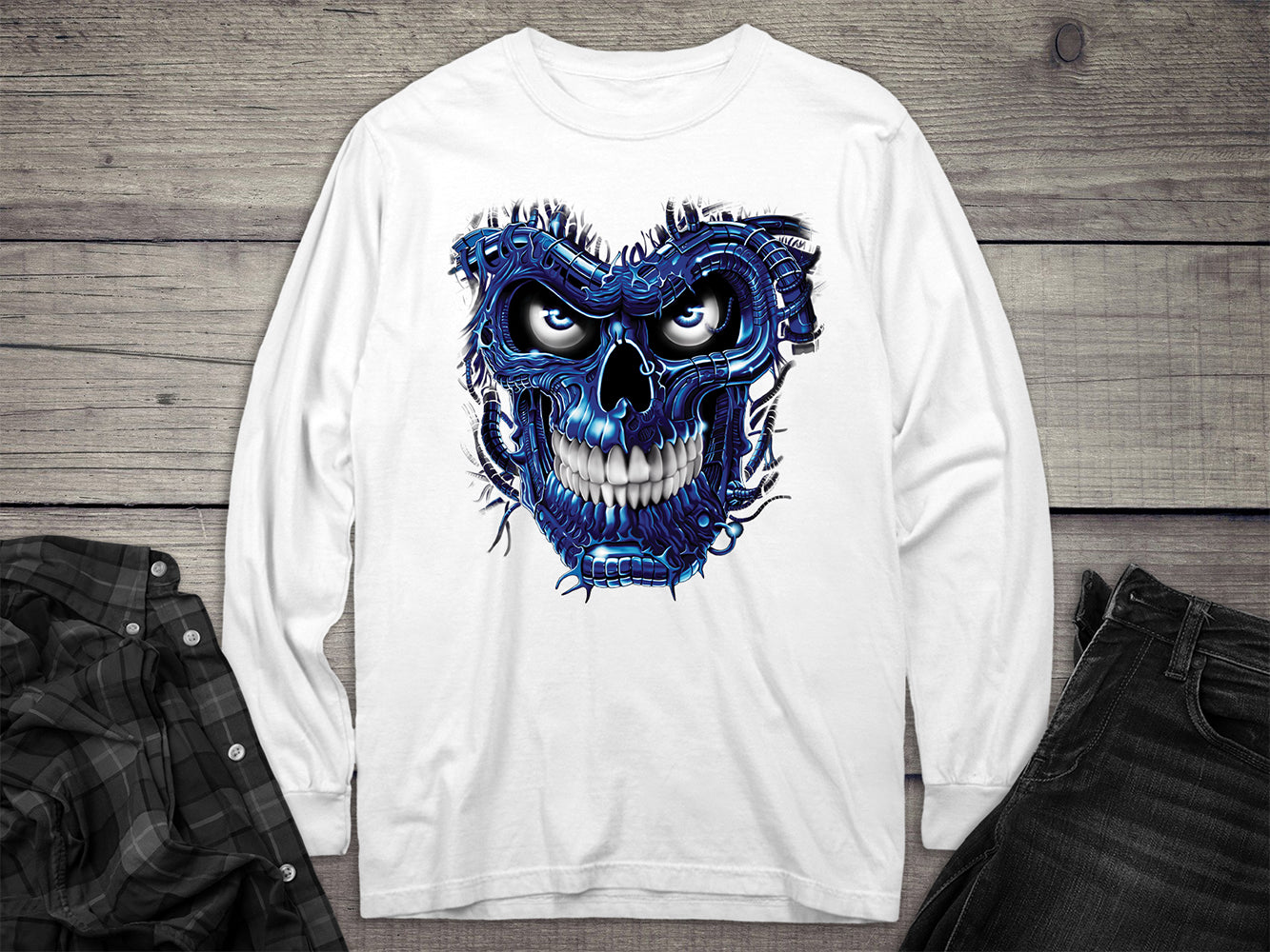 Terminator Skull Blue Long Sleeve Tee