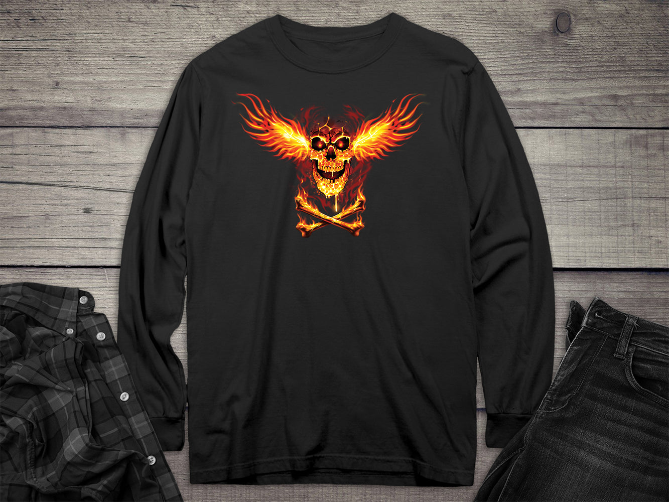 Skull Fire Wings Long Sleeve Tee