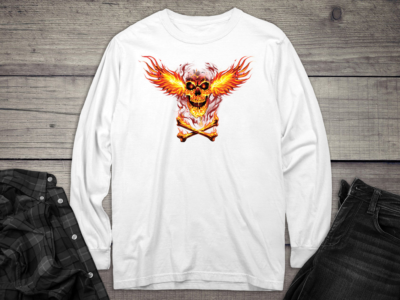 Skull Fire Wings Long Sleeve Tee