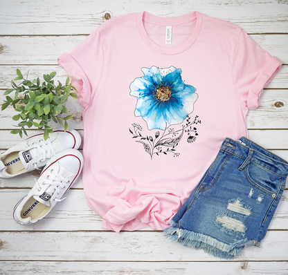 Abstract Blue Flower Metallic Tee