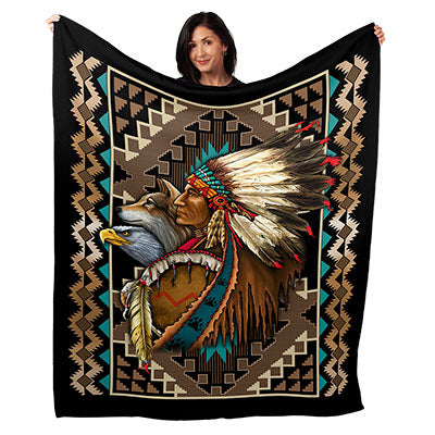50" x 60" Chief Wolf Eagle Plush Minky Blanket