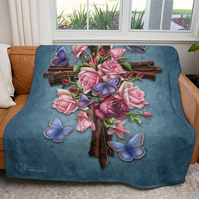 50" x 60" Butterfly Rose Cross Plush Minky Blanket