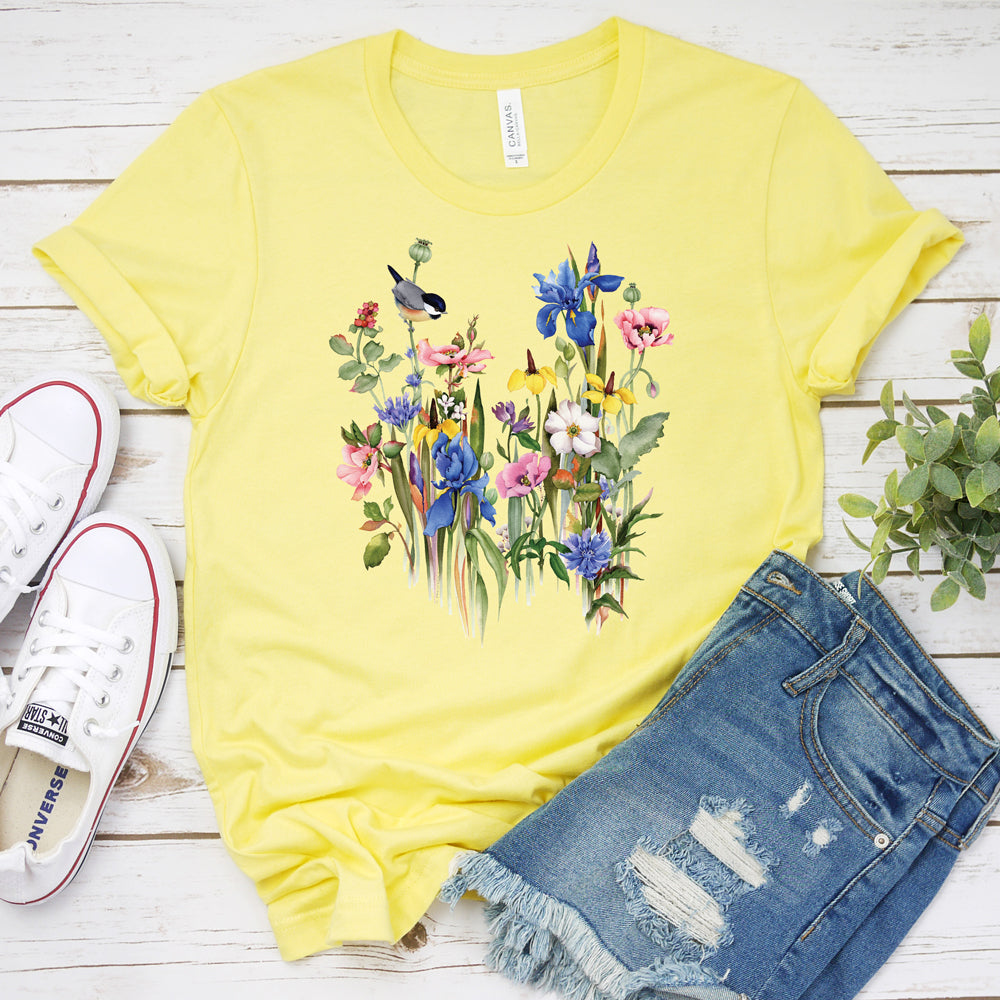 Floral Spring T-shirt, Spring Birds And Flowers Tee