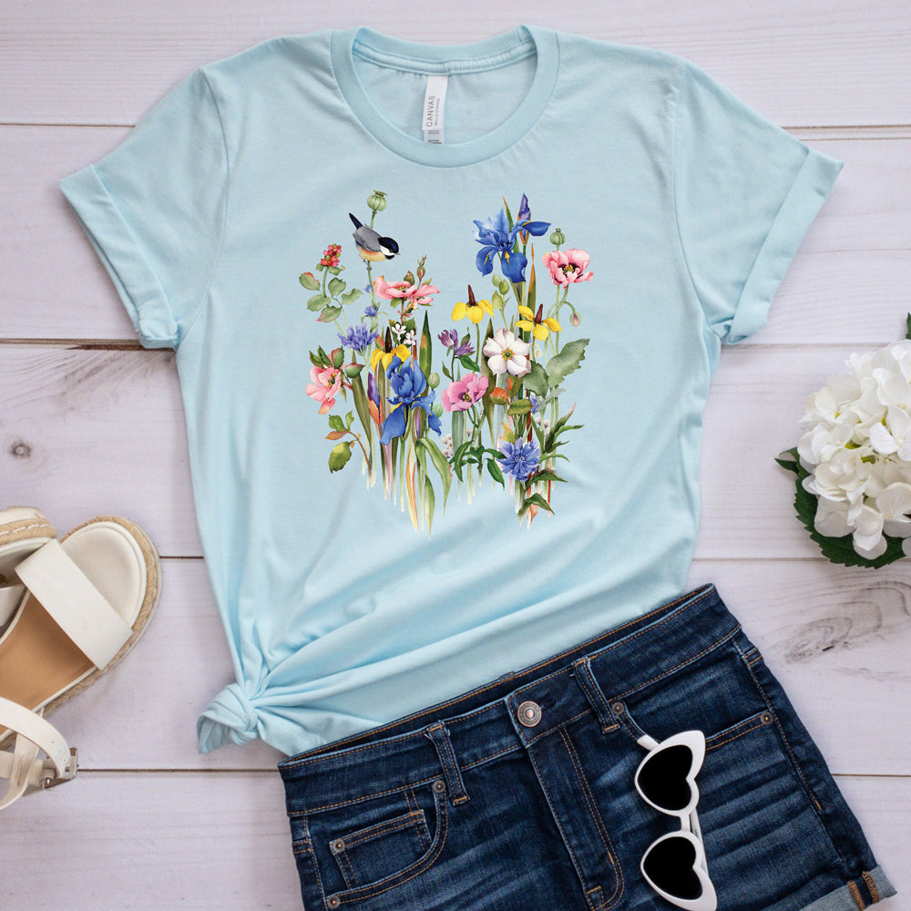 Floral Spring T-shirt, Spring Birds And Flowers Tee