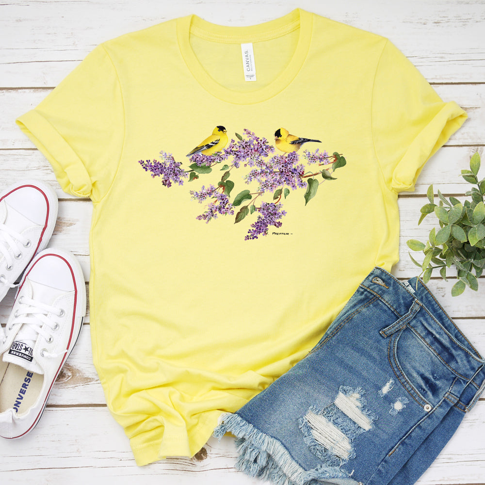 Floral Spring T-shirt, Gold Finches And Flowers Tee