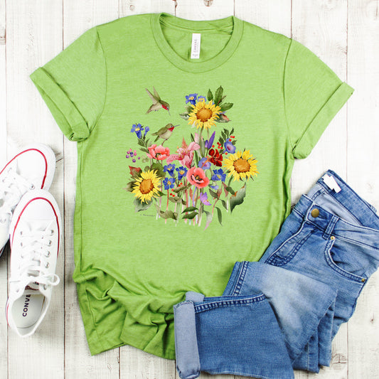 Springtime T-Shirt, Sunflowers & Hummers Tee