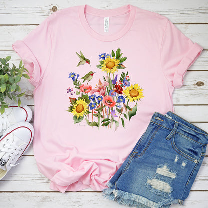 Springtime T-Shirt, Sunflowers & Hummers Tee