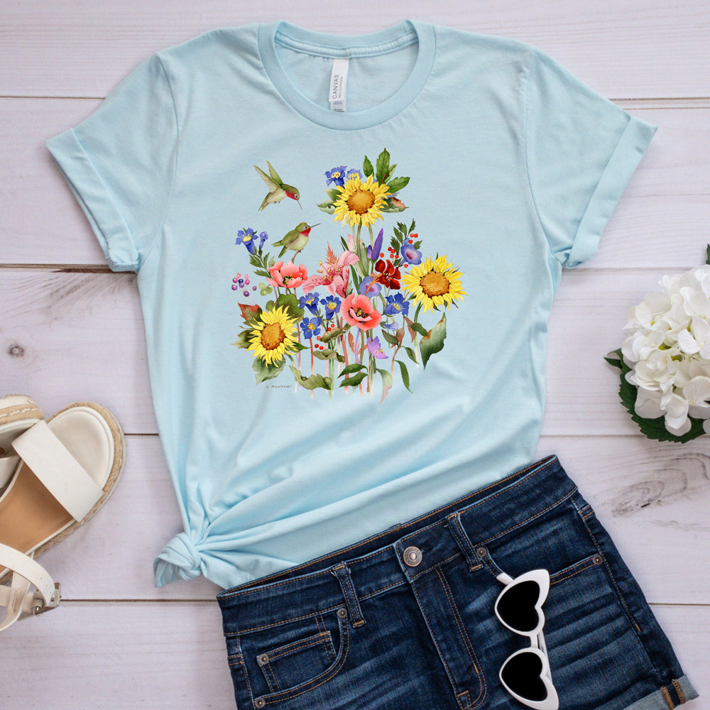 Springtime T-Shirt, Sunflowers & Hummers Tee