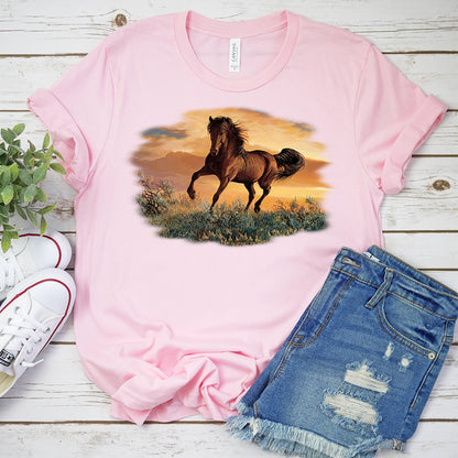 Horses T-Shirt, Horse Galloping in Sunset Tee