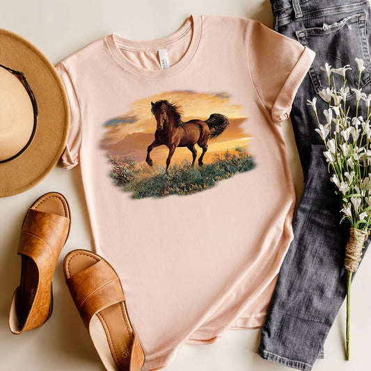 Horses T-Shirt, Horse Galloping in Sunset Tee