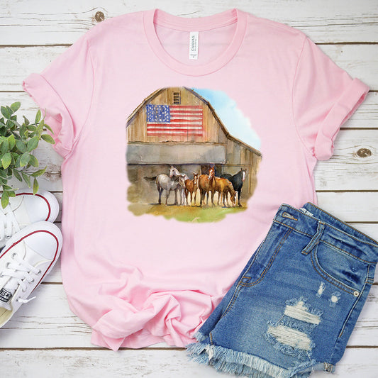Horses T-Shirt, American Flag Barn Tee
