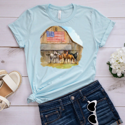 Horses T-Shirt, American Flag Barn Tee