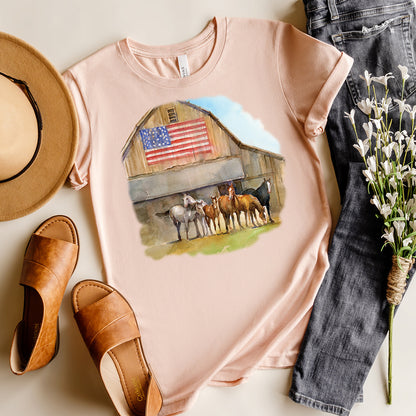 Horses T-Shirt, American Flag Barn Tee