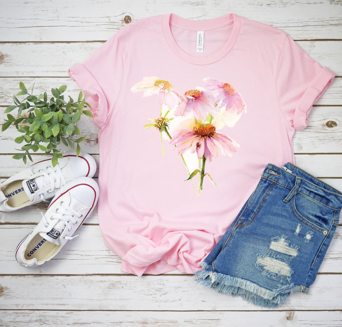 Springtime Floral T-Shirt, Echinacea and Ladybug Tee