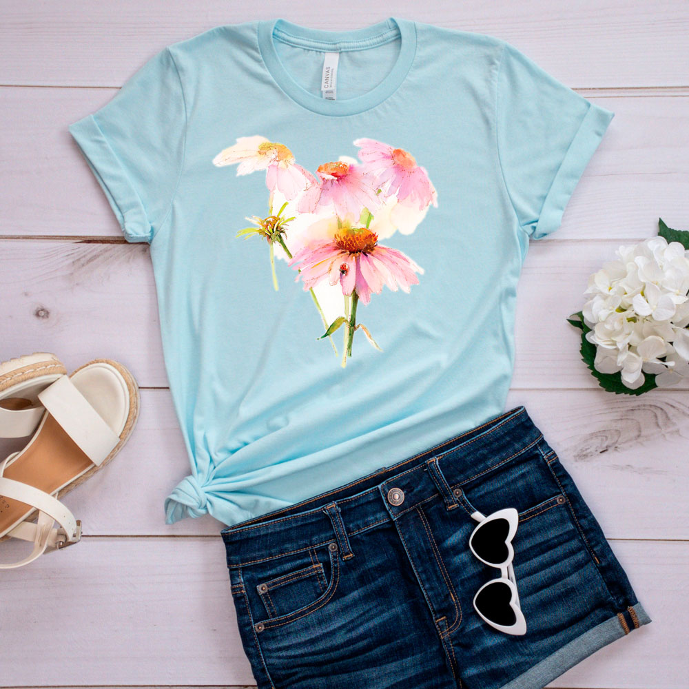 Springtime Floral T-Shirt, Echinacea and Ladybug Tee