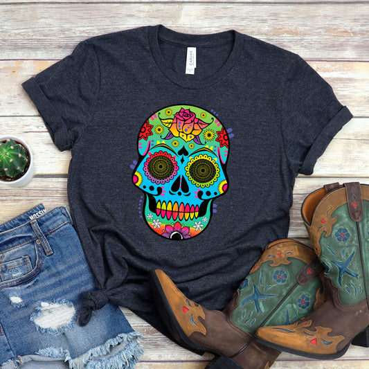 Sugar Skull T-Shirt, Neon Colorful Sugar Skull Tee