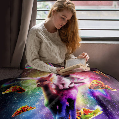 50" x 60" Cosmic Cat Riding Alpacacorn Plush Minky Blanket