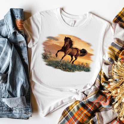 Horses T-Shirt, Horse Galloping in Sunset Tee