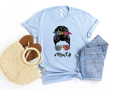 Rainbow Leopard Print Mom Bun T-shirt