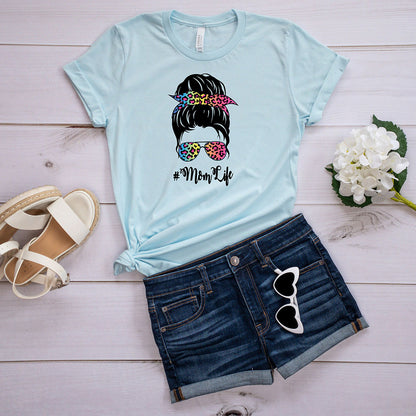 Rainbow Leopard Print Mom Bun T-shirt