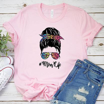 Rainbow Leopard Print Mom Bun T-shirt