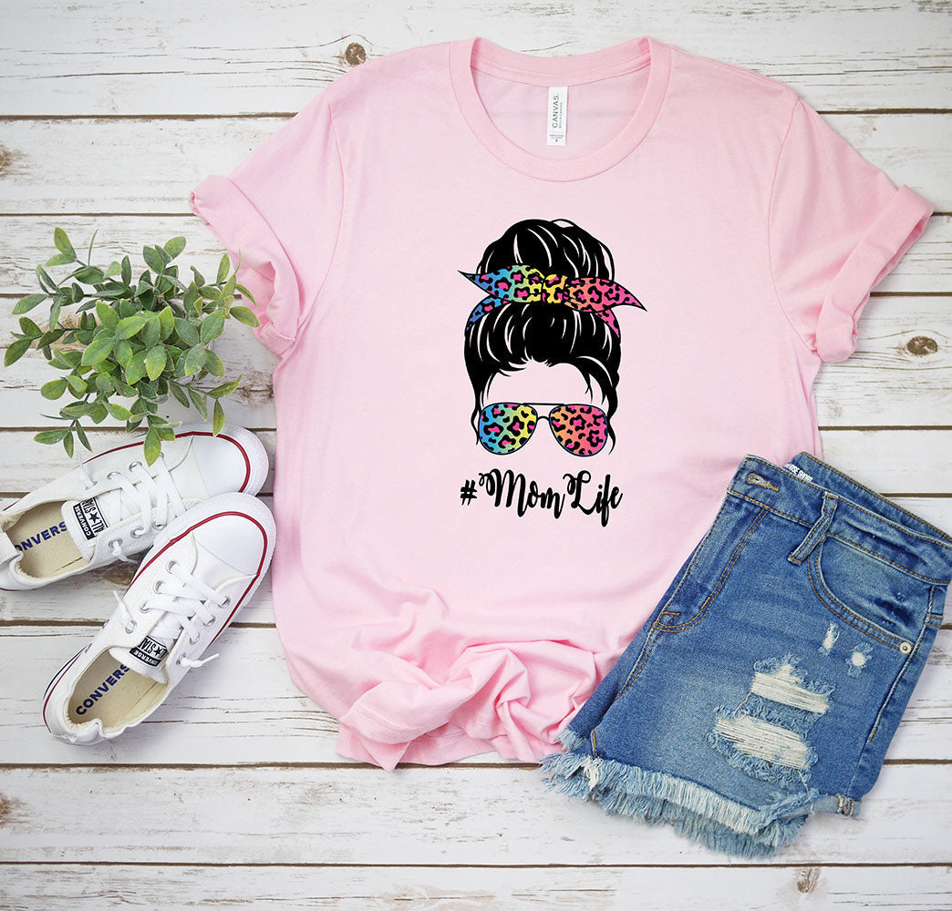 Rainbow Leopard Print Mom Bun T-shirt