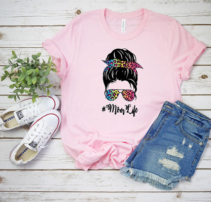 Rainbow Leopard Print Mom Bun T-shirt