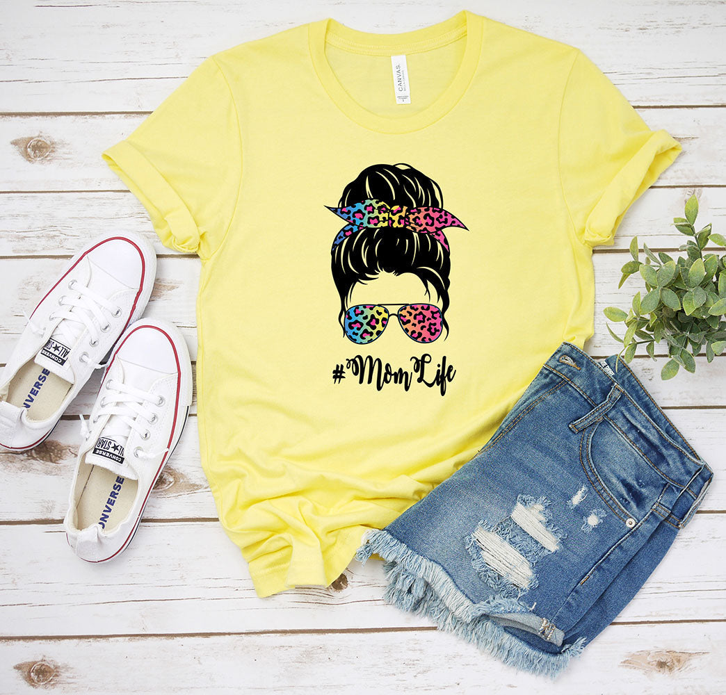Rainbow Leopard Print Mom Bun T-shirt